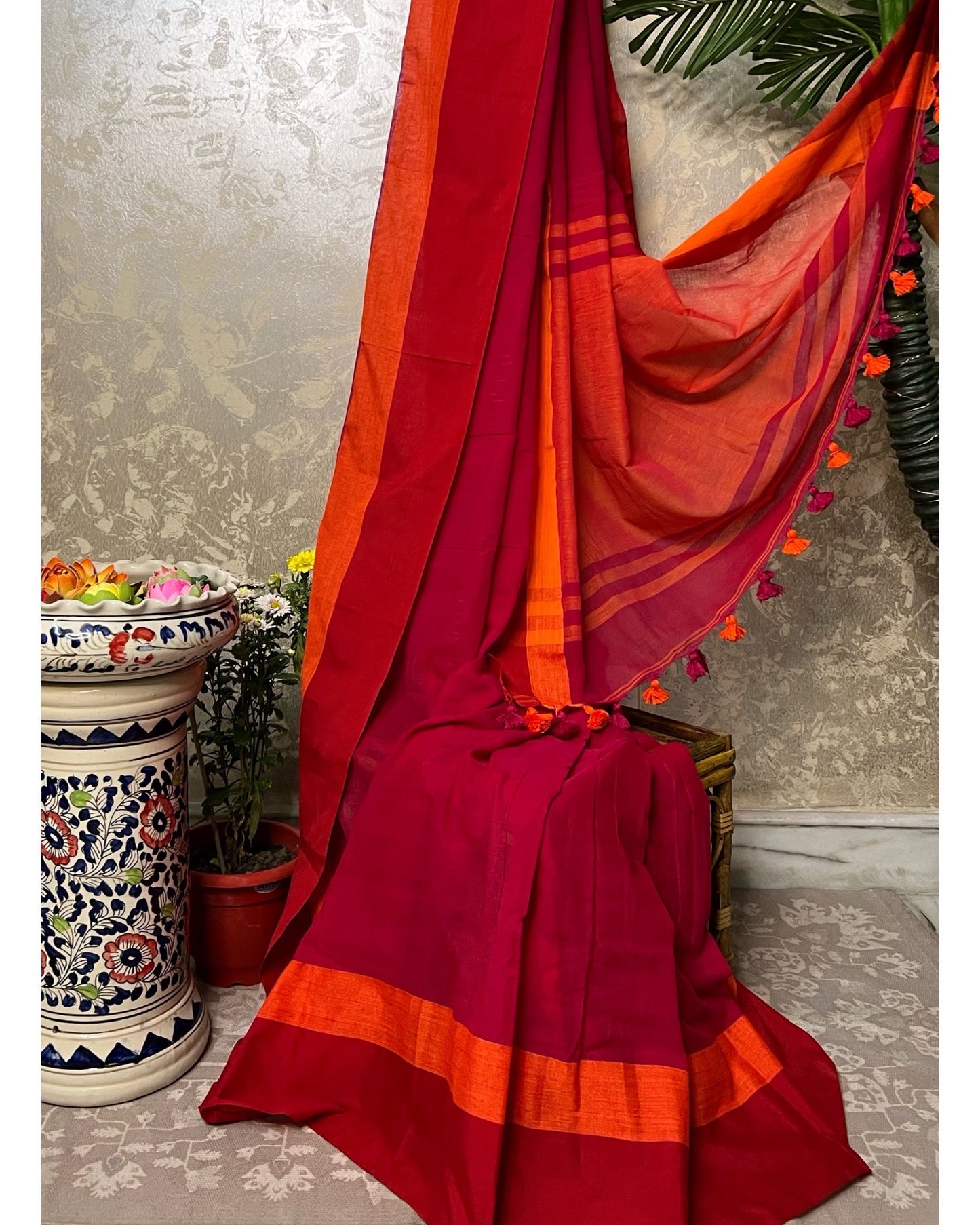 Red - orange soft and comfortable Khadi cotton saree