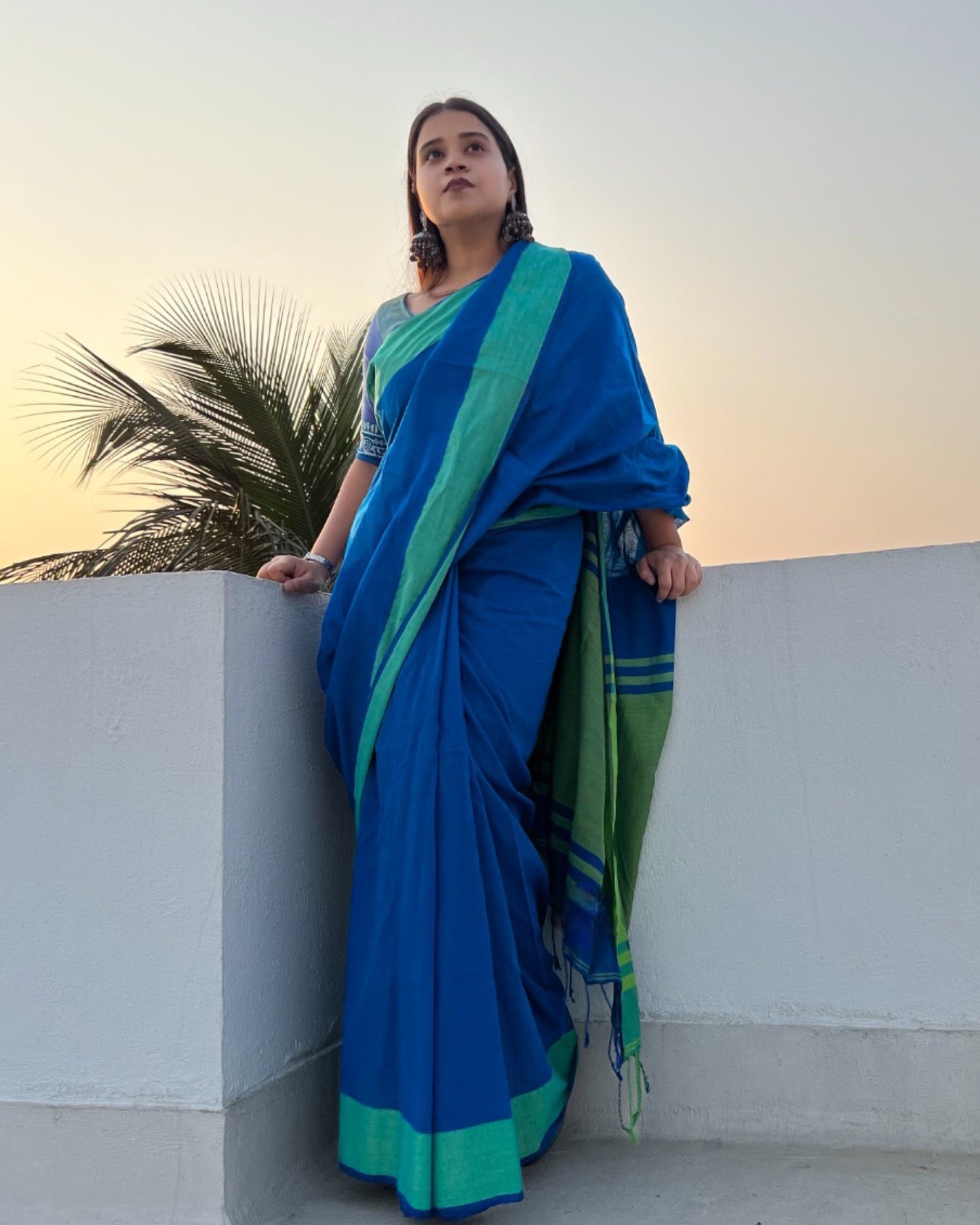 Blue - Green soft and comfortable Khadi cotton saree