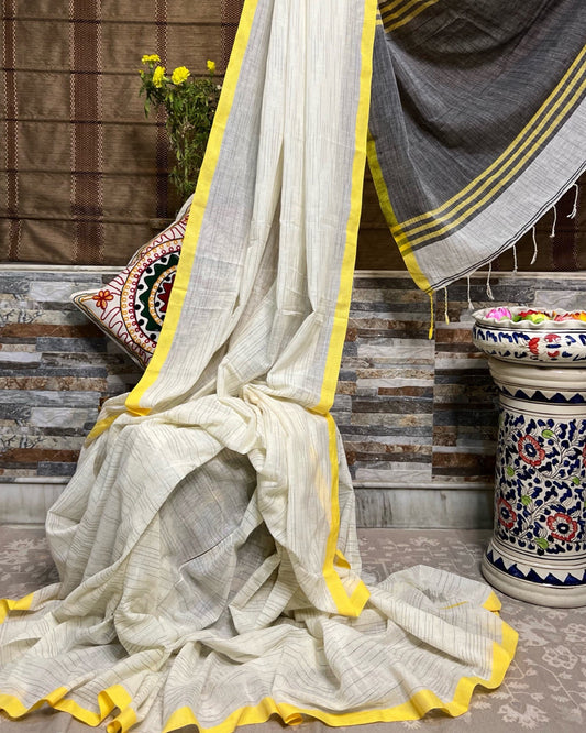 White-yellow soft and comfortable Khadi cotton saree
