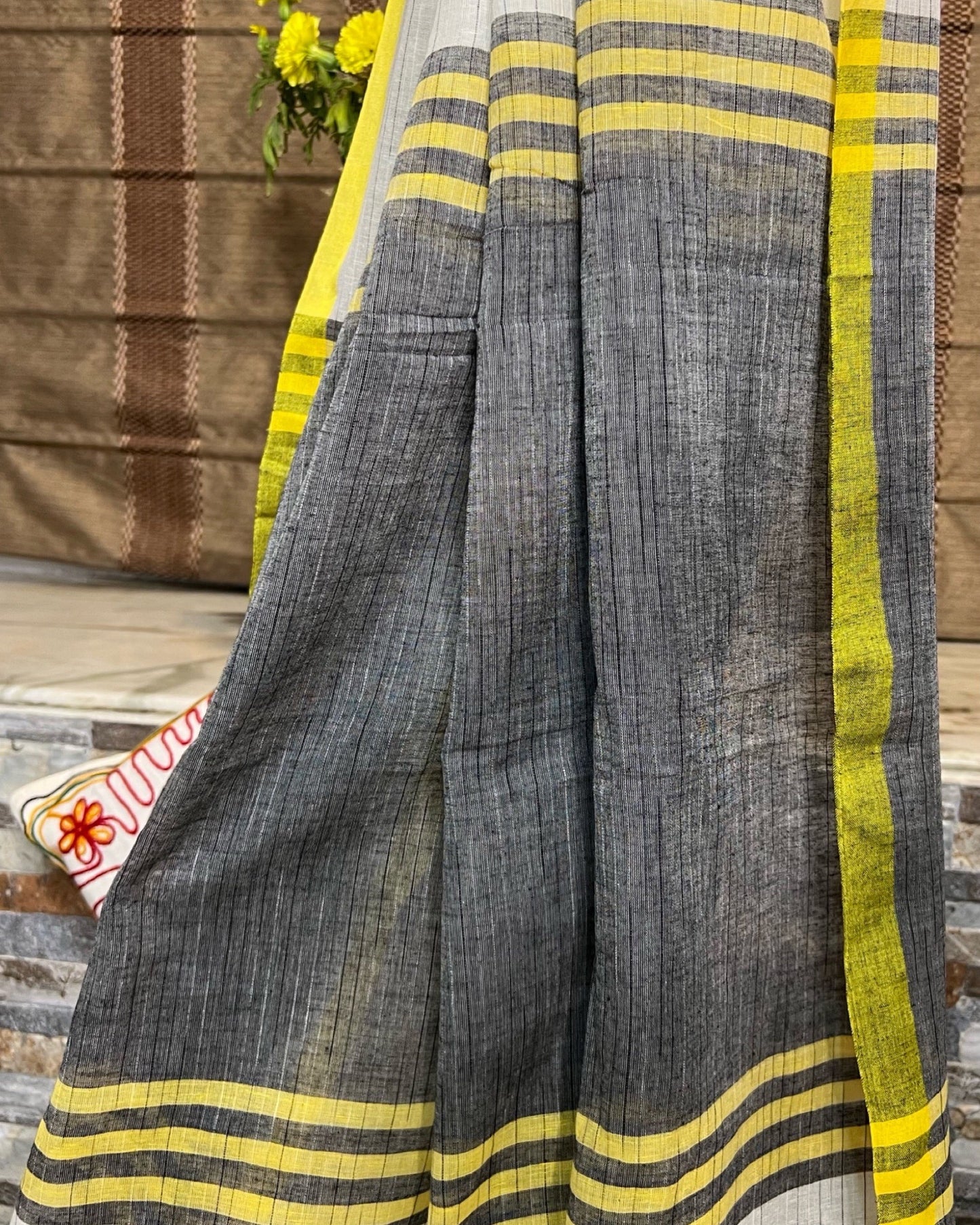 White-yellow soft and comfortable Khadi cotton saree