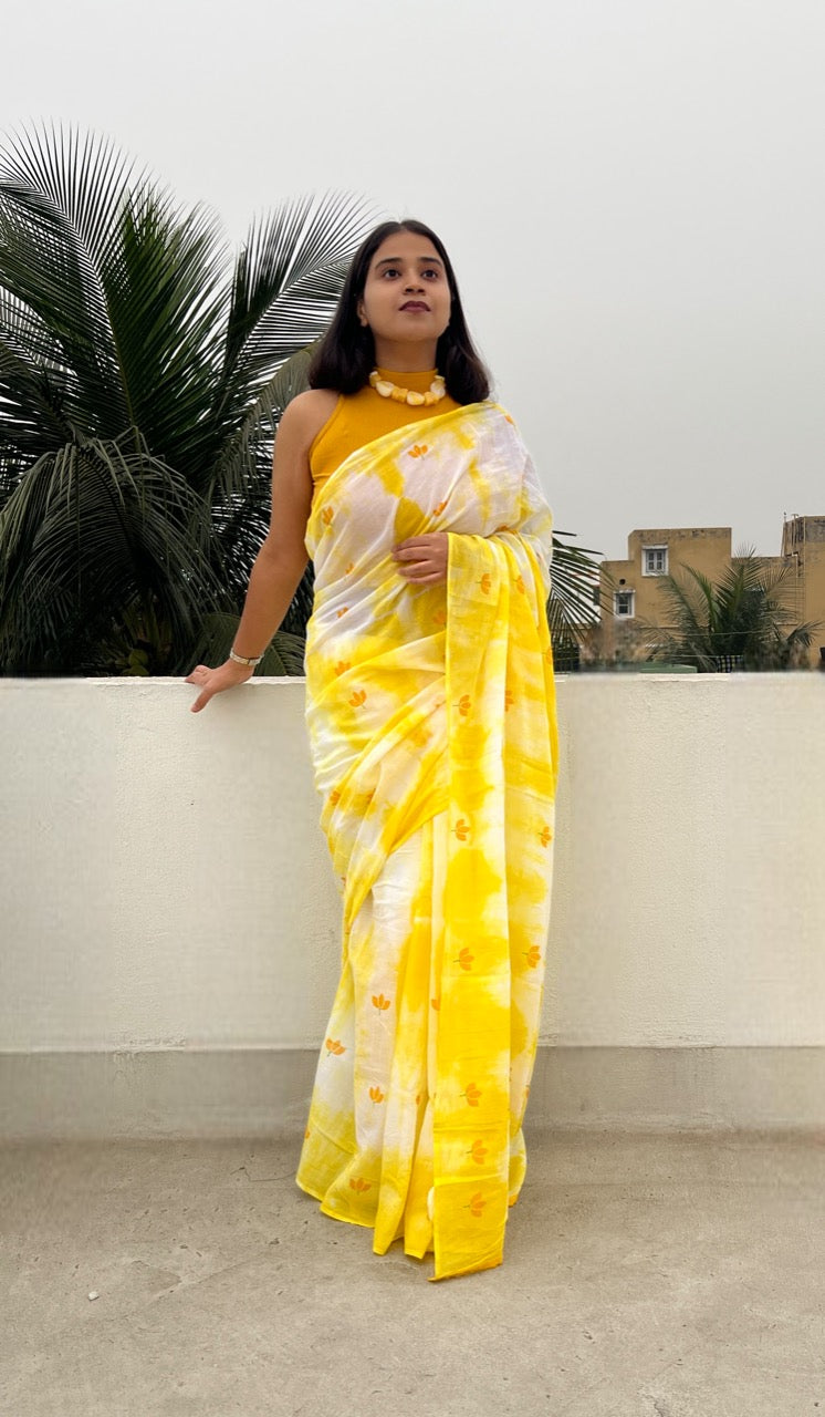 Lemon Yellow Peel Kaliyan Mulmul cotton Summer Saree - New Collection