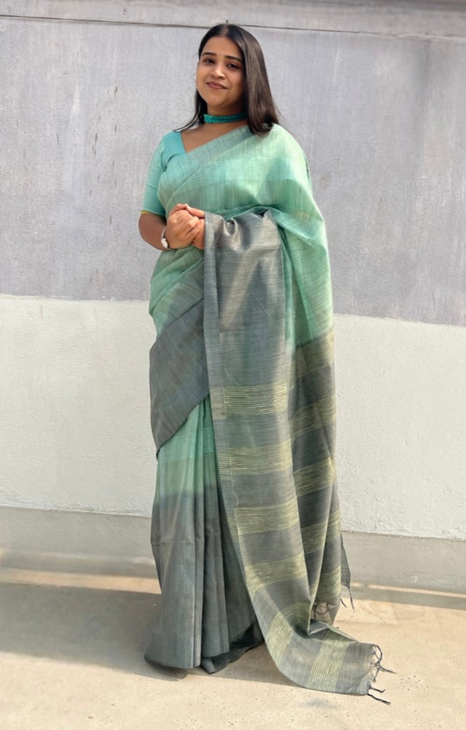Cyan green - Gray Bhagalpuri handloom saree new collection