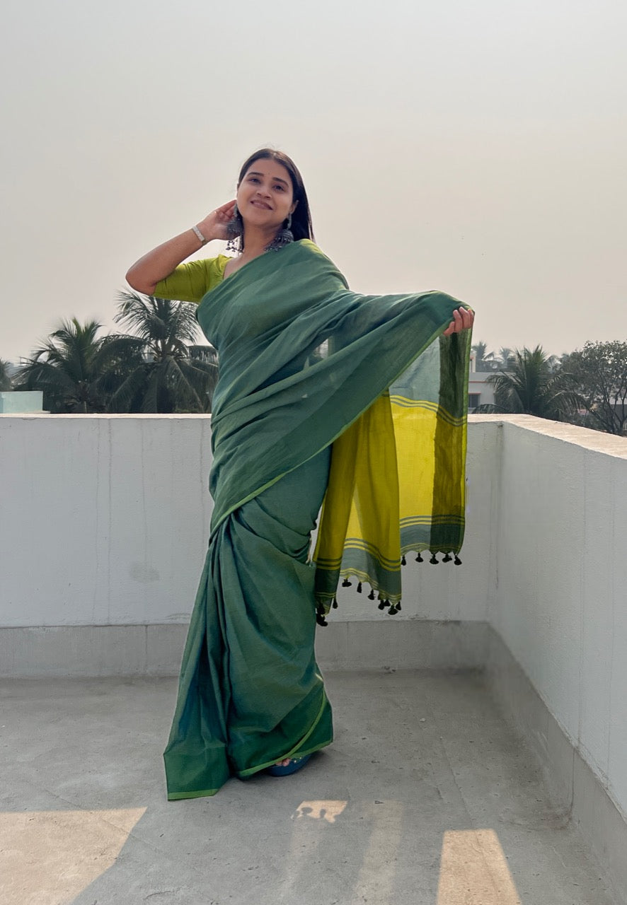 Blue - Green soft and comfortable Khadi cotton saree