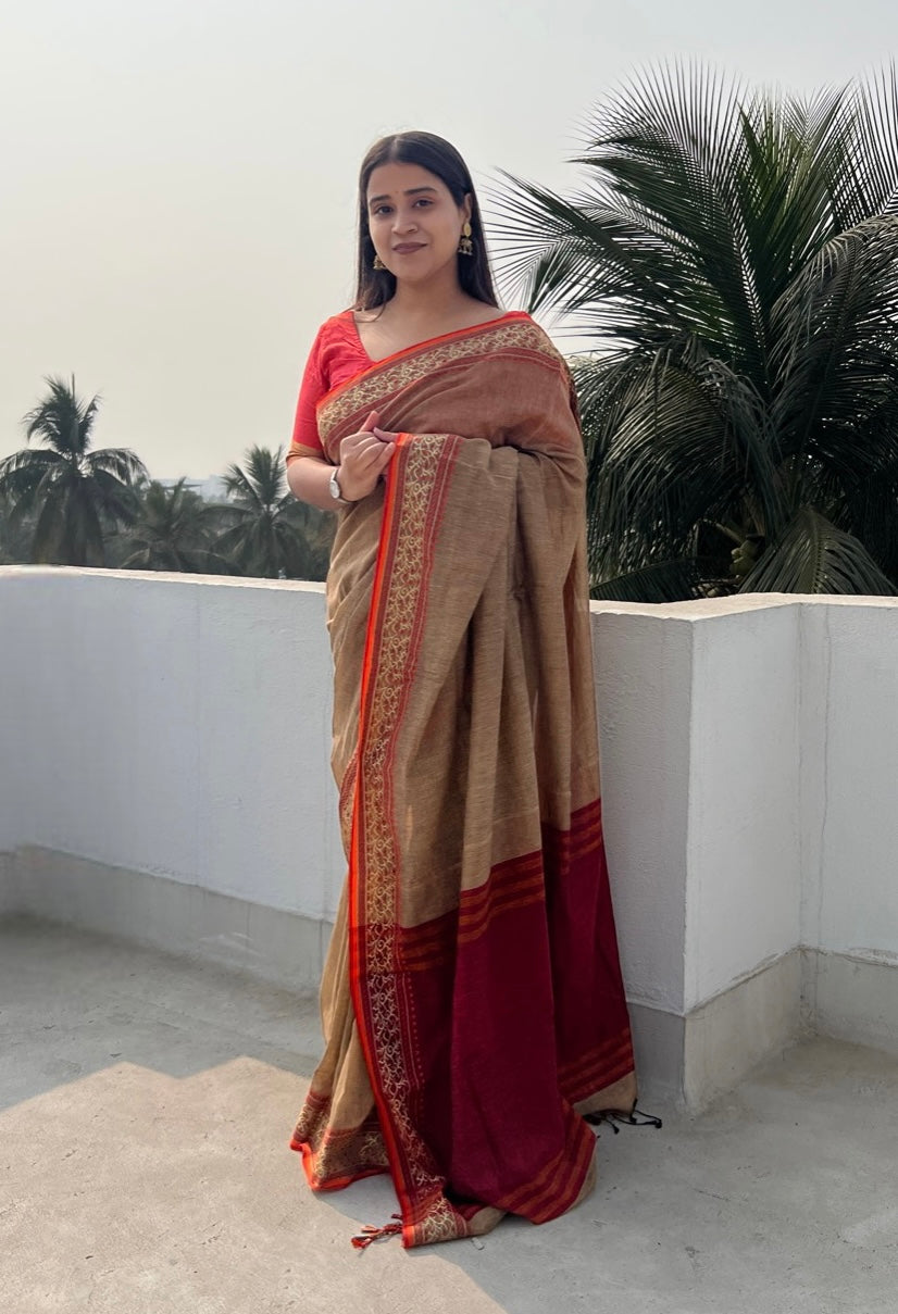 Brown Beige - orange border soft and comfortable Khadi cotton saree