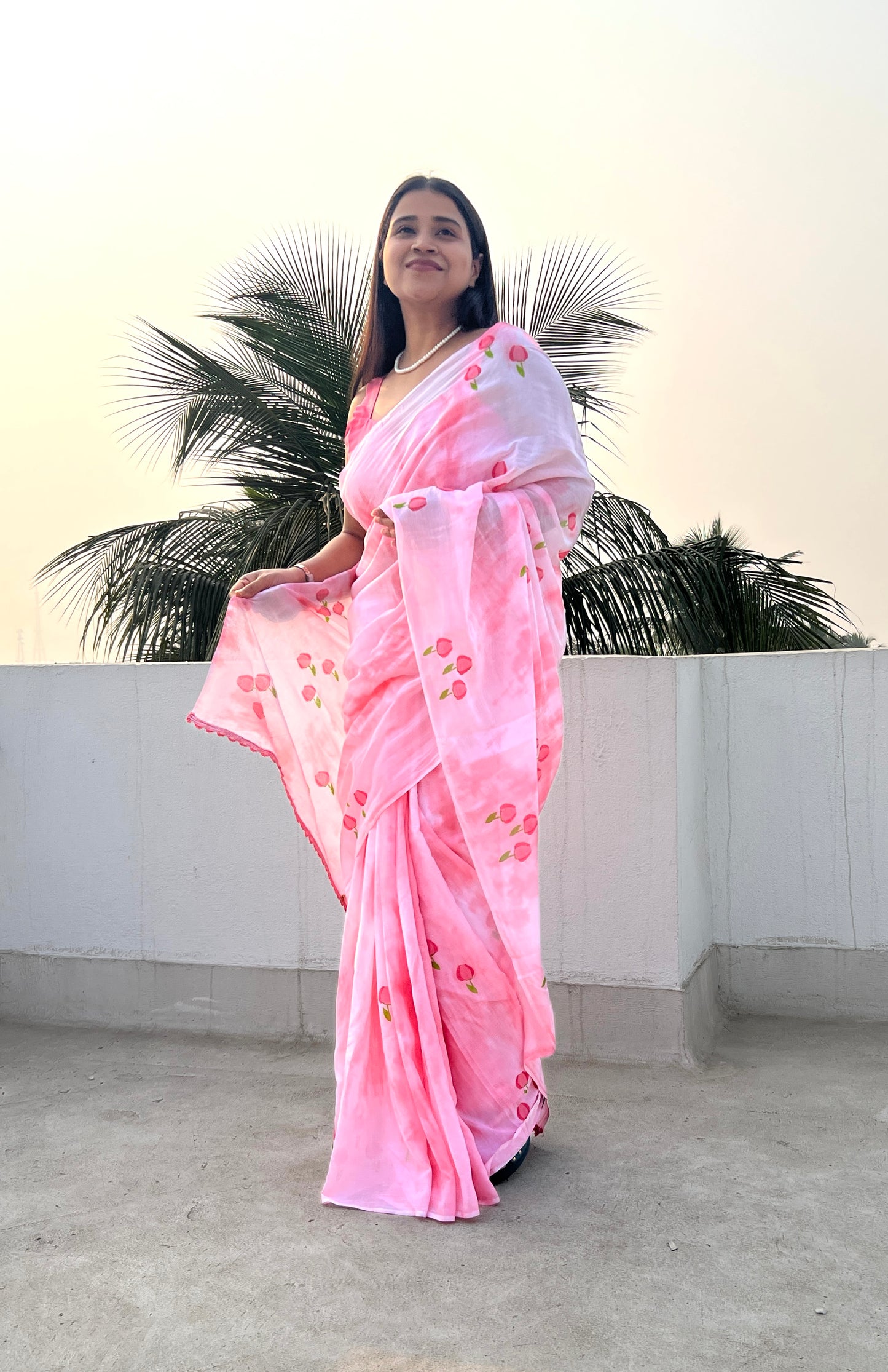 Pink Berry Blossom Mulmul cotton Summer Saree - New Collection
