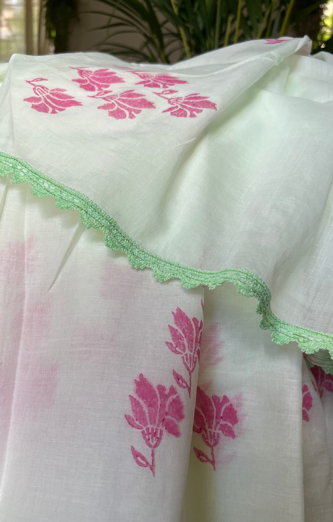 Pista Green and pink Mulmul cotton Summer Saree - New Collection