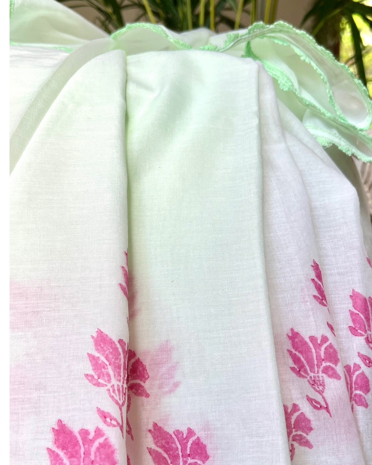Pista Green and pink Mulmul cotton Summer Saree - New Collection