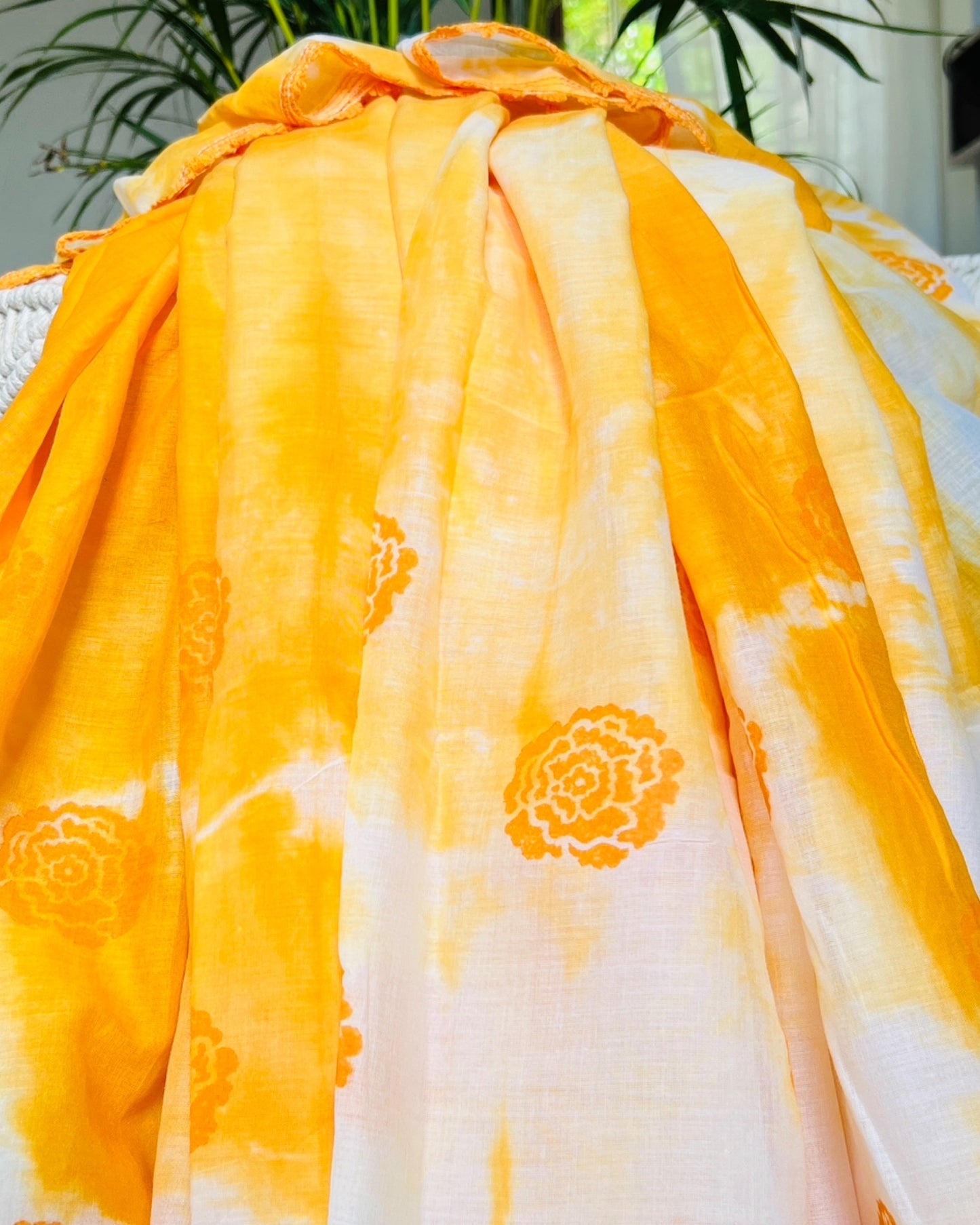Marigold Sun Orange Mulmul cotton Summer Saree - New Collection