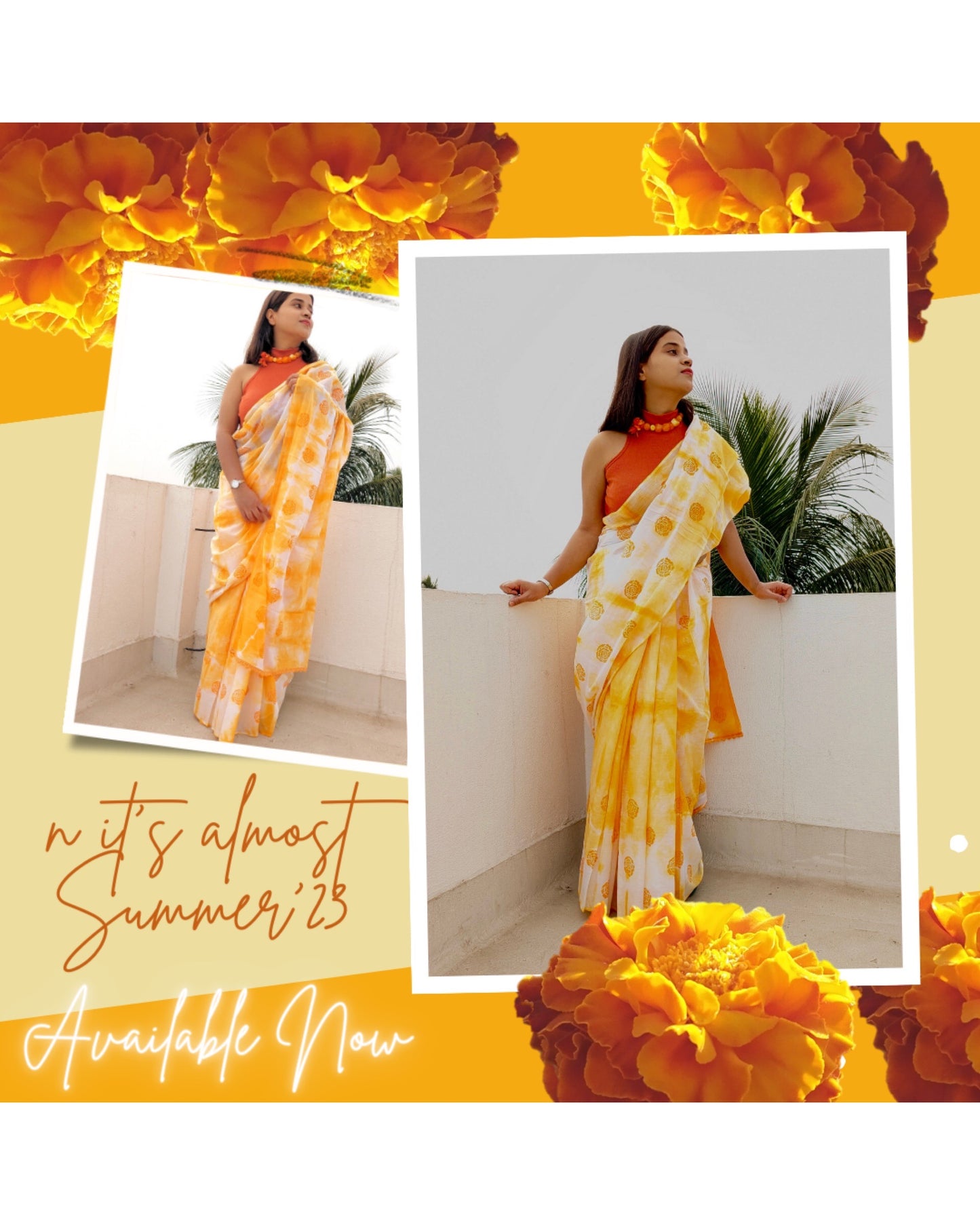 Marigold Sun Orange Mulmul cotton Summer Saree - New Collection