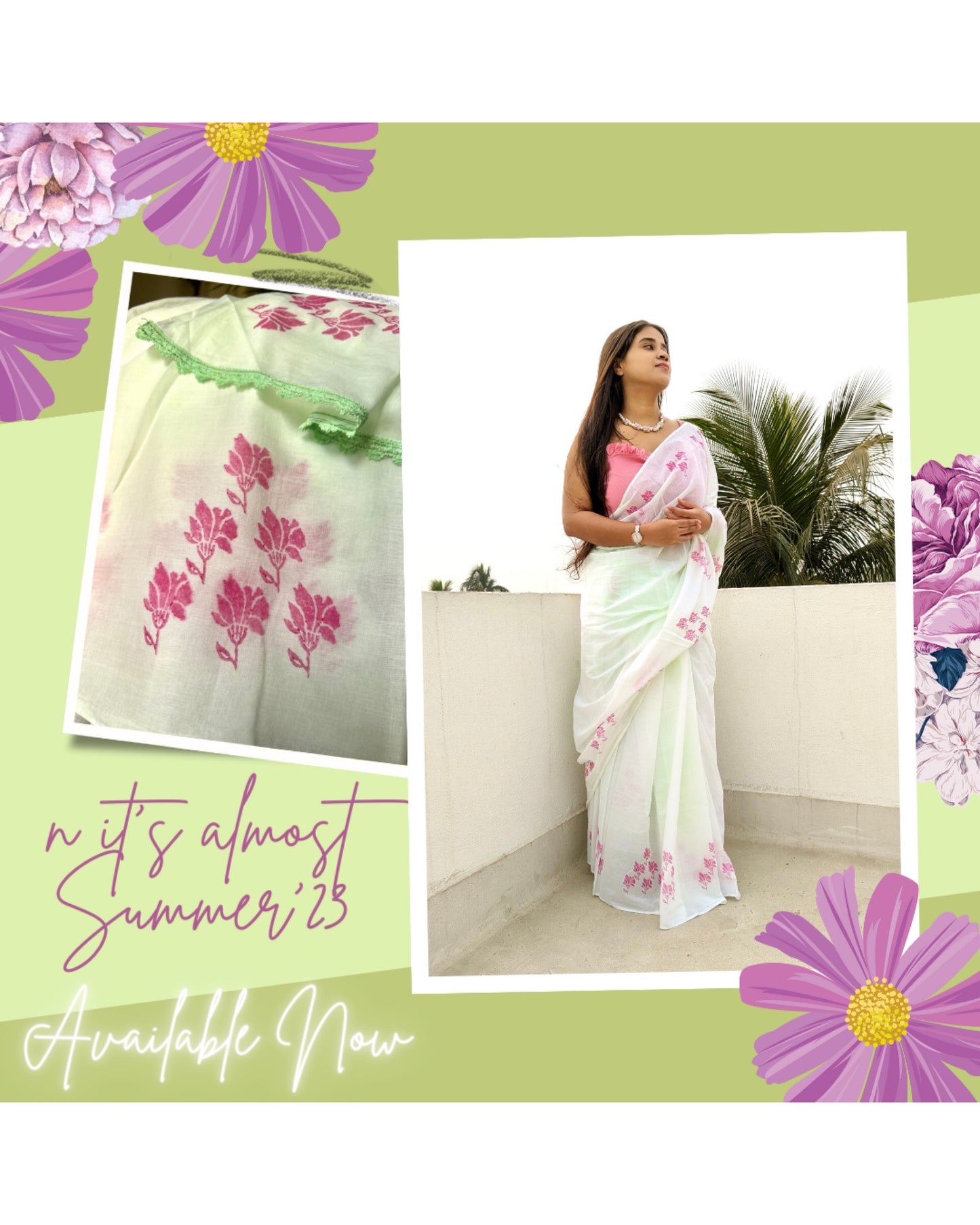 Pista Green and pink Mulmul cotton Summer Saree - New Collection