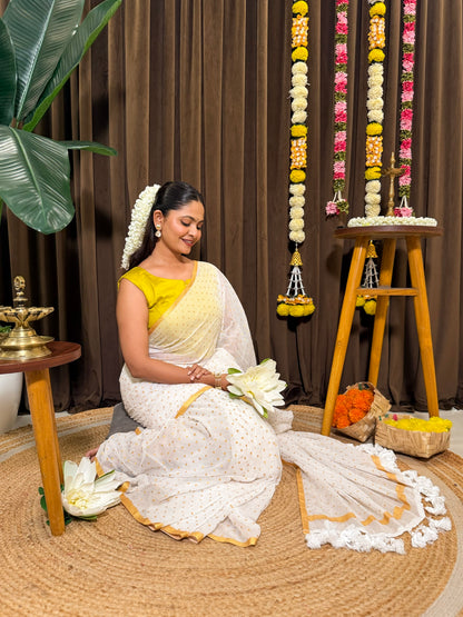 Kasavu Polka | Onam White Mulmul Cotton Saree with Polka Dots