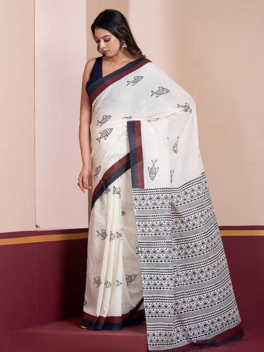 Matsya white hand block print khadi cotton saree from ShopAaMe crafted in breathable pure cotton fabric