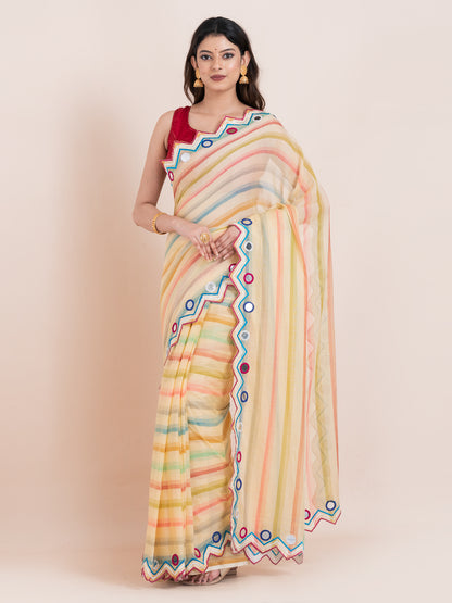 Lightweight lime yellow mulmul cotton saree with mirror embroidery and multicolored stripes. Perfect for summer wear, festive looks, and effortless elegance.