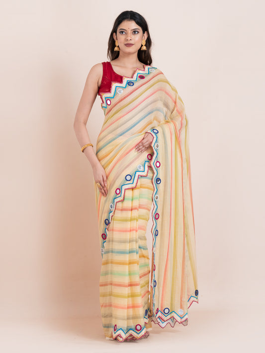 Lightweight lime yellow mulmul cotton saree with mirror embroidery and multicolored stripes. Perfect for summer wear, festive looks, and effortless elegance.