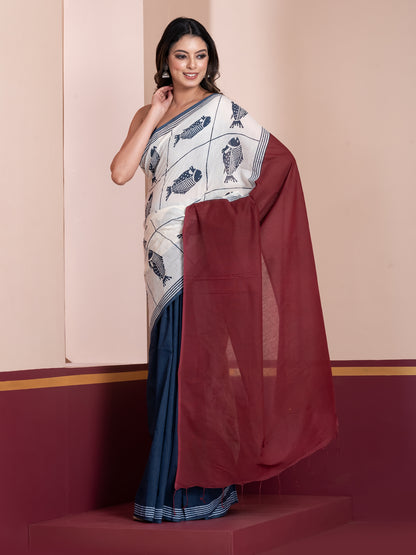 Handblock print saree, white saree,khadi saree
