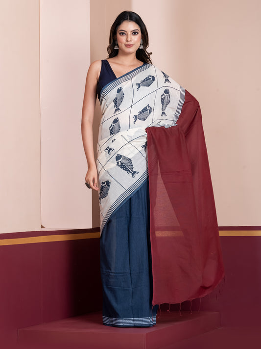 Handblock print saree, white saree,khadi saree