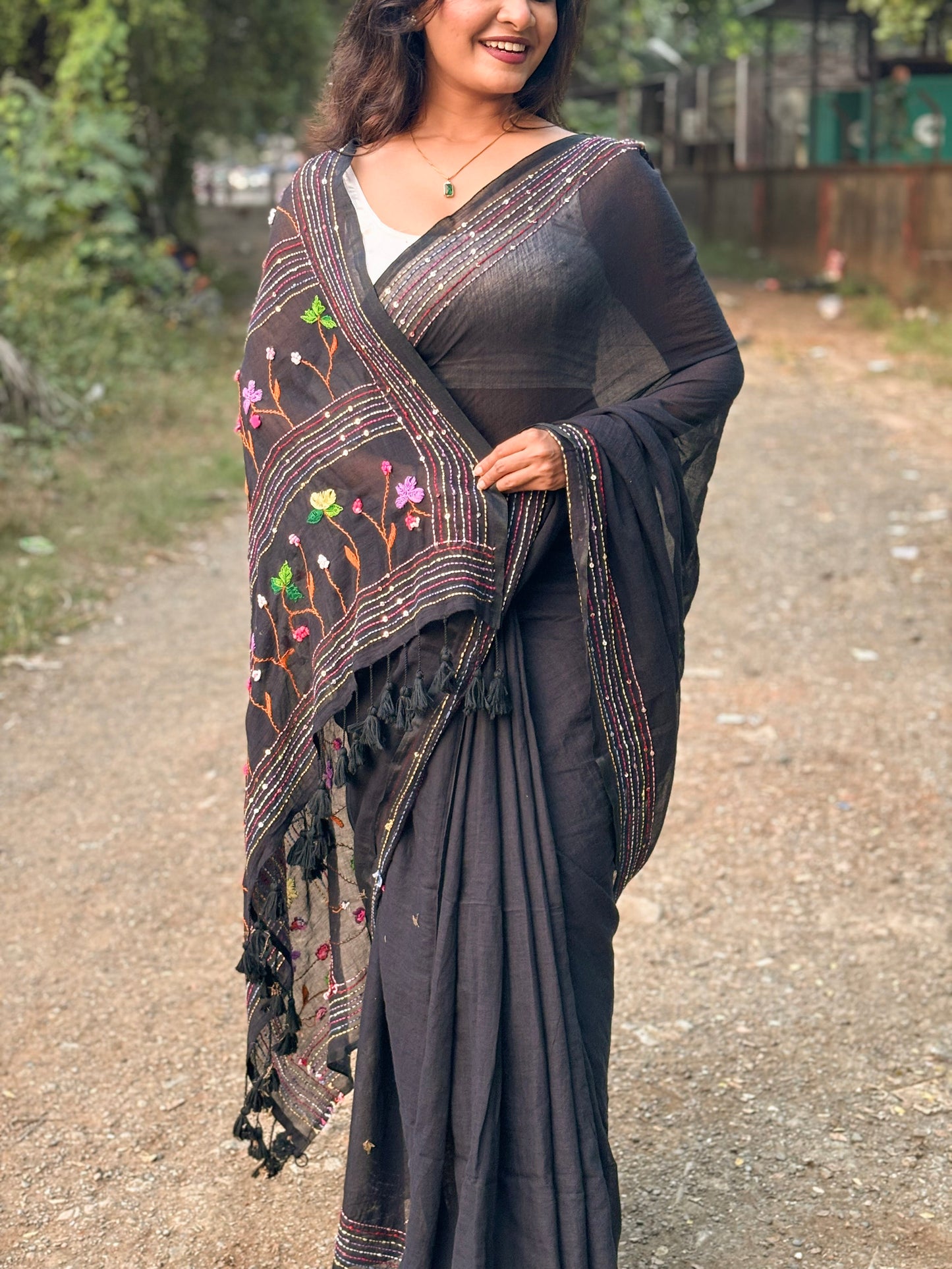 Noir Petal Nocturne | Black embroidered mulmul saree