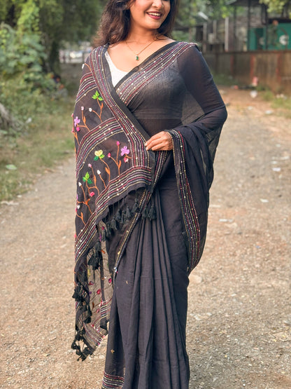 Noir Petal Nocturne | Black embroidered mulmul saree
