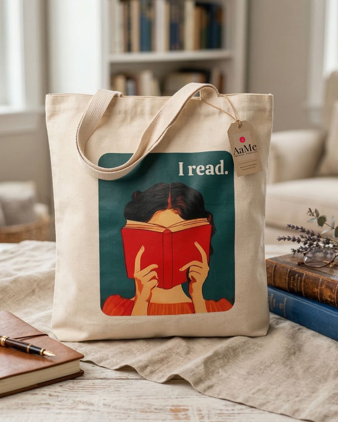 Reader’s Tote cotton canvas bag with book lover illustration