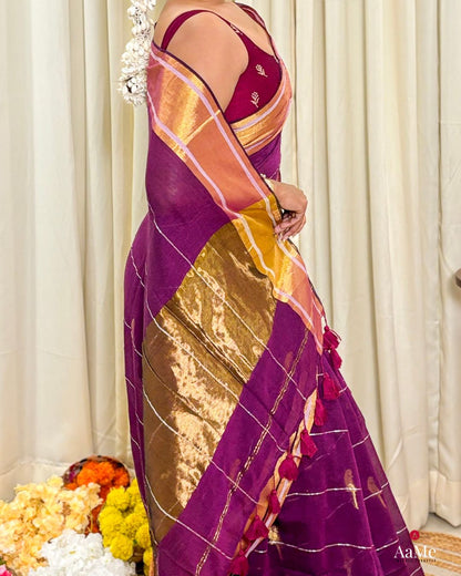 Women wearing lightweight purple mulmul cotton saree designed for comfort during celebrations and gatherings