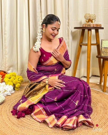 Women wearing lightweight purple mulmul cotton saree by ShopAaMe designed for comfort during celebrations 