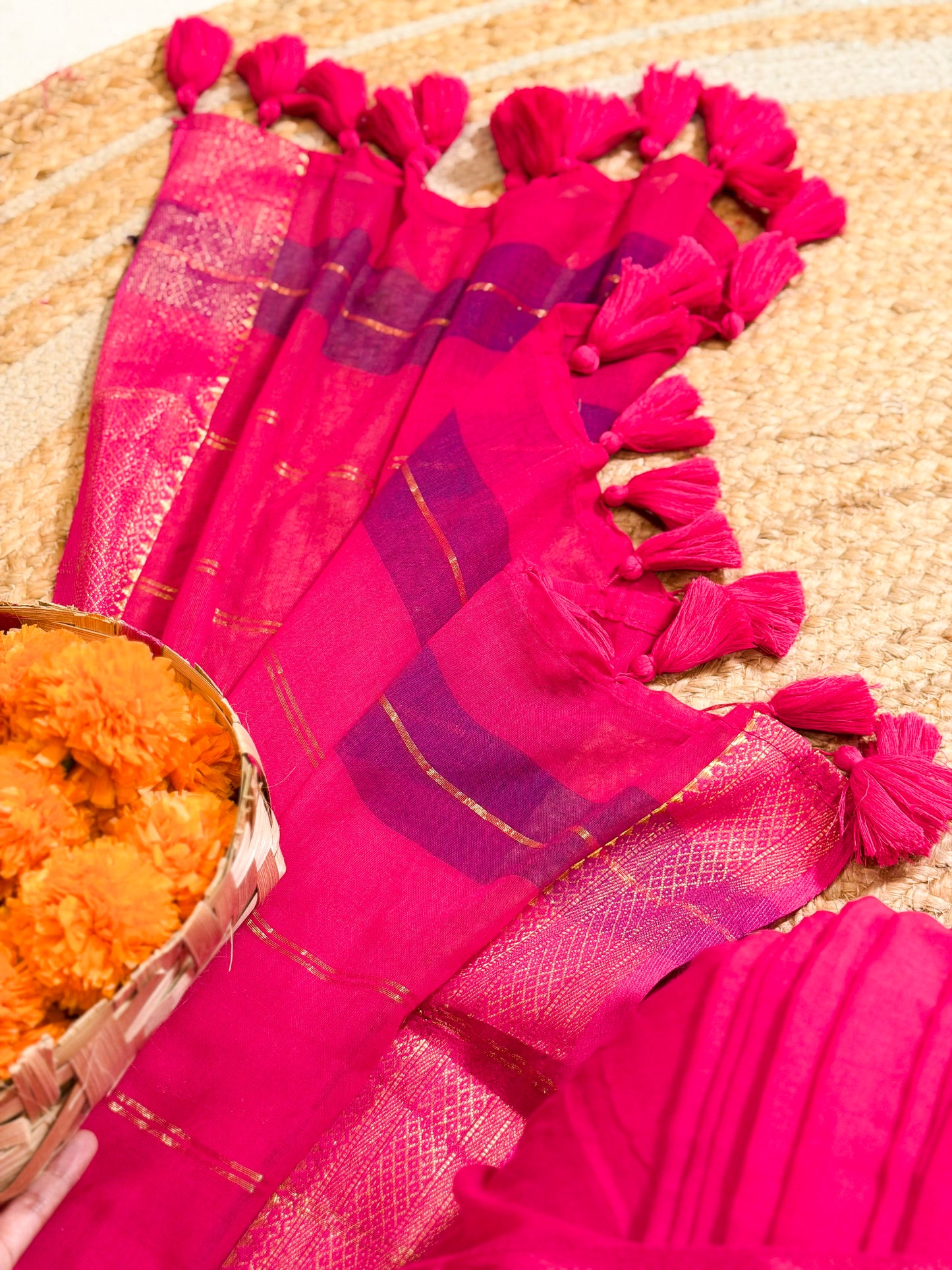 Mayura Pookalam | Onam Pink Mulmul Cotton Saree