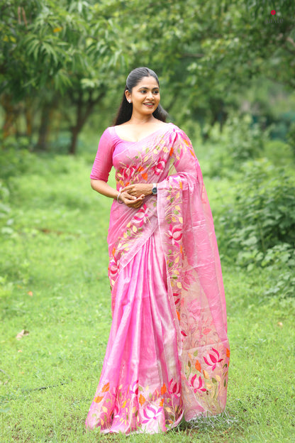 Silver Pink viral  tissue saree with floral embroidery orange and pink