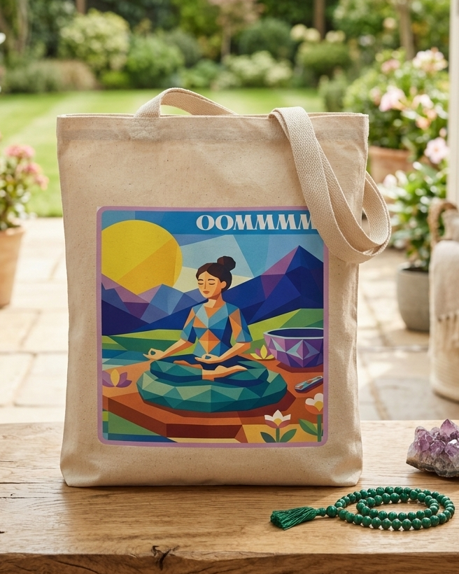 A beige canvas tote bag with a colorful graphic print of a woman meditating in a landscape, displayed on a wooden table in a bright, modern room with plants and home decor.