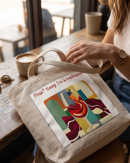 A beige canvas tote bag with a colorful abstract art print and the text 'Miss? Honey, I'm a mathematician' sits on a brown leather stool in a cafe setting, with a person's hand resting on the strap.