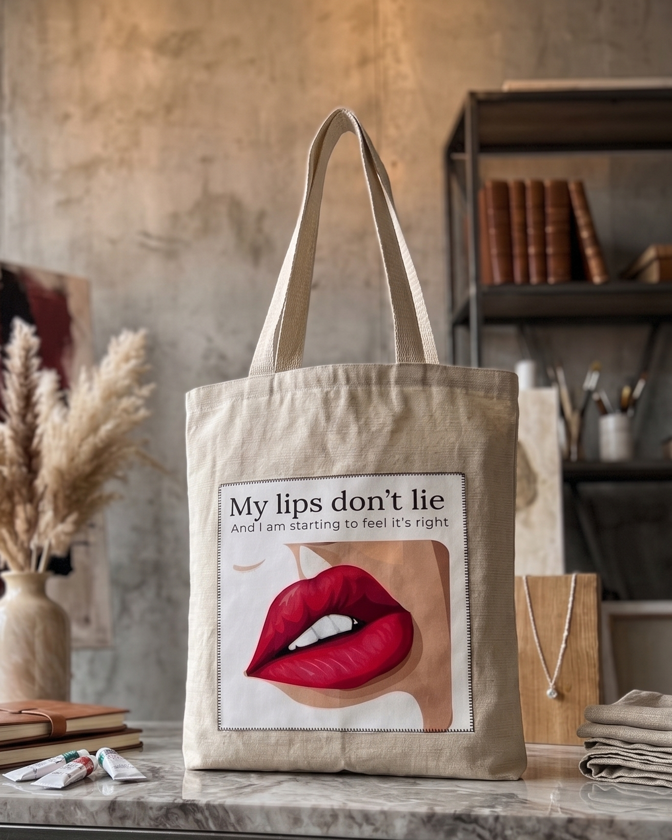 A beige canvas tote bag with long handles sits on a marble-topped table in a styled art studio. The front of the bag features a printed graphic of red lips with the text 'My lips don't lie and I'm starting to feel it's right'.