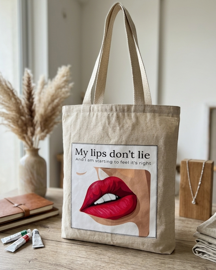 A beige canvas tote bag with long handles stands on a wooden table in a softly lit room. The front of the bag has a printed graphic showing red lips and the text 'My lips don't lie' and 'And I'm staring to feel it right.