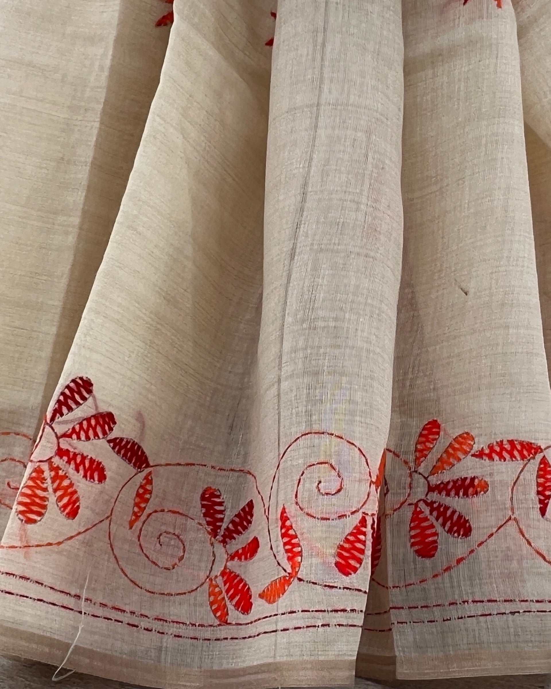 White Chanderi Cotton Kantha stitch embroidered saree in orange threads and golden border