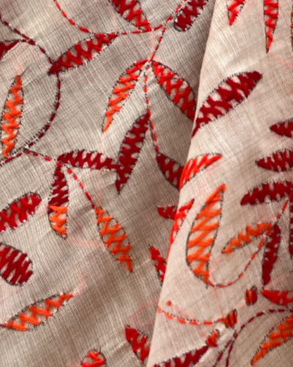 White Chanderi Cotton Kantha stitch embroidered saree in orange threads and golden border