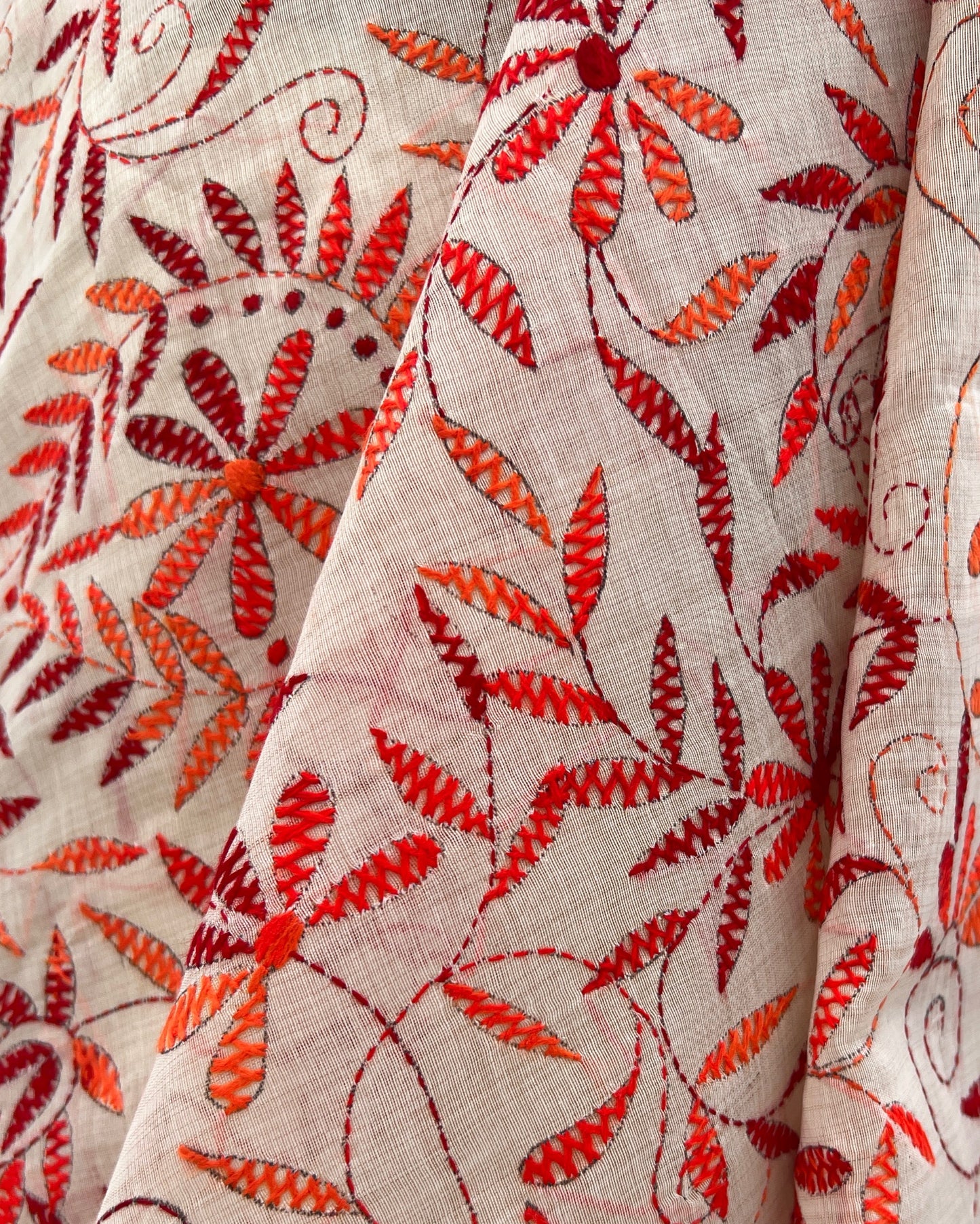 White Chanderi Cotton Kantha stitch embroidered saree in orange threads and golden border