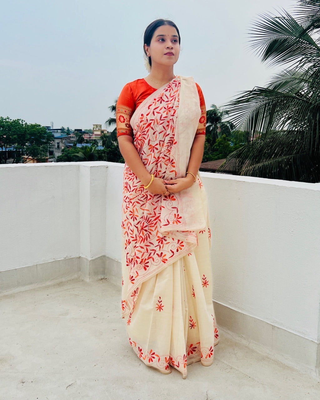 White Chanderi Cotton Kantha stitch embroidered saree in orange threads and golden border