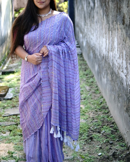 Soft and comfortable mulmul cotton saree with multicoloured embroidery in Kantha Stitch embellished with sequins perfect for party or festive occasion  in purple or violet or mauve or lavender