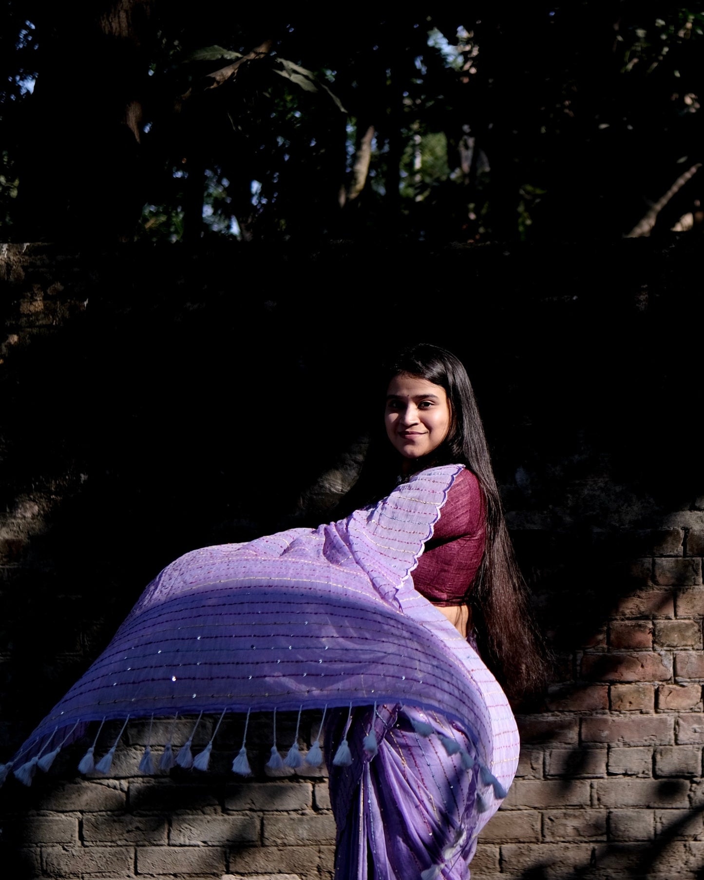 Soft and comfortable mulmul cotton saree with multicoloured embroidery in Kantha Stitch embellished with sequins perfect for party or festive occasion  in purple or violet or mauve or lavender