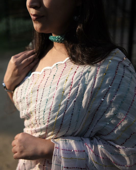 Sunny Sparkle white embroidered mulmul cotton saree with kantha and sequins, a lightweight breathable saree for summer and festive wear.