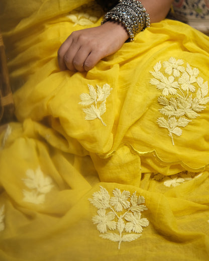 Soft and Comfortable mulmul cotton saree with Chikankari machine work and cutwork border in self tones of yellow