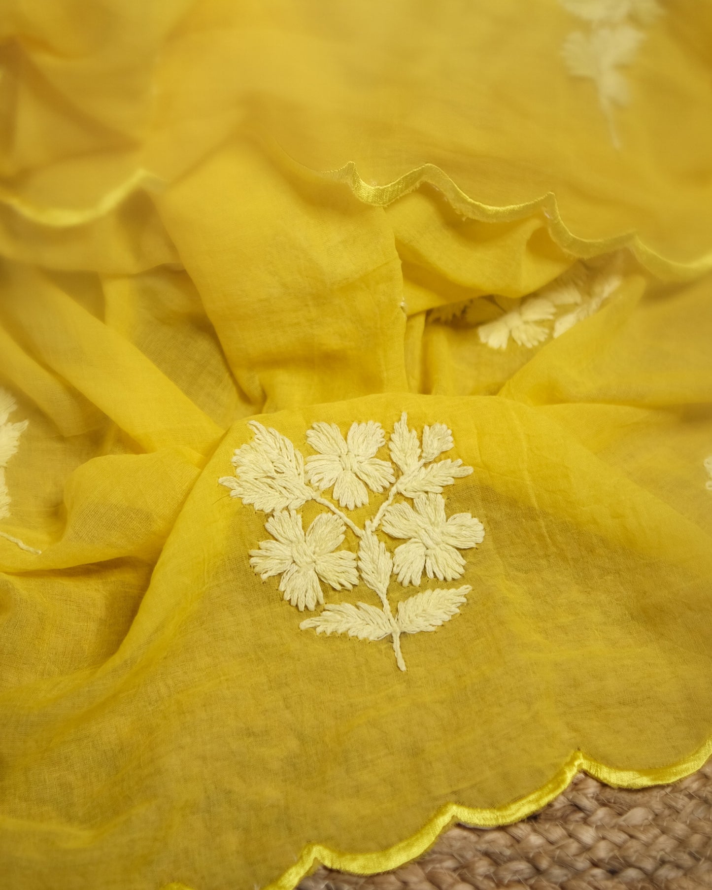 Soft and Comfortable mulmul cotton saree with Chikankari machine work and cutwork border in self tones of yellow