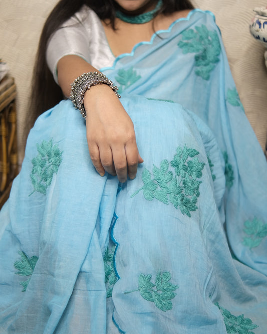 Soft and Comfortable mulmul cotton saree with Chikankari machine work and cutwork border in self tones of sky blue