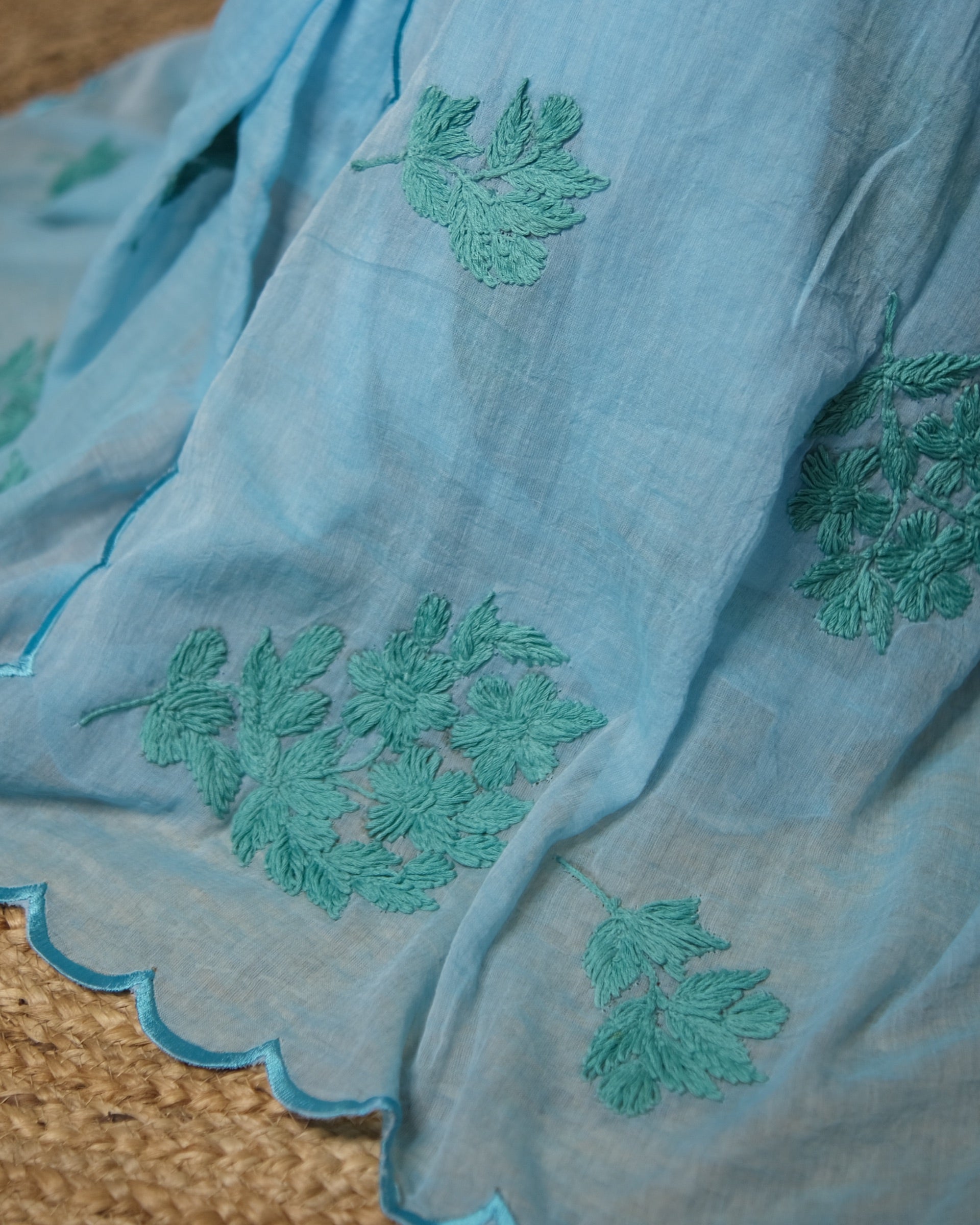 Soft and Comfortable mulmul cotton saree with Chikankari machine work and cutwork border in self tones of sky blue