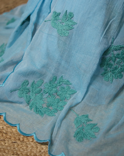 Soft and Comfortable mulmul cotton saree with Chikankari machine work and cutwork border in self tones of sky blue