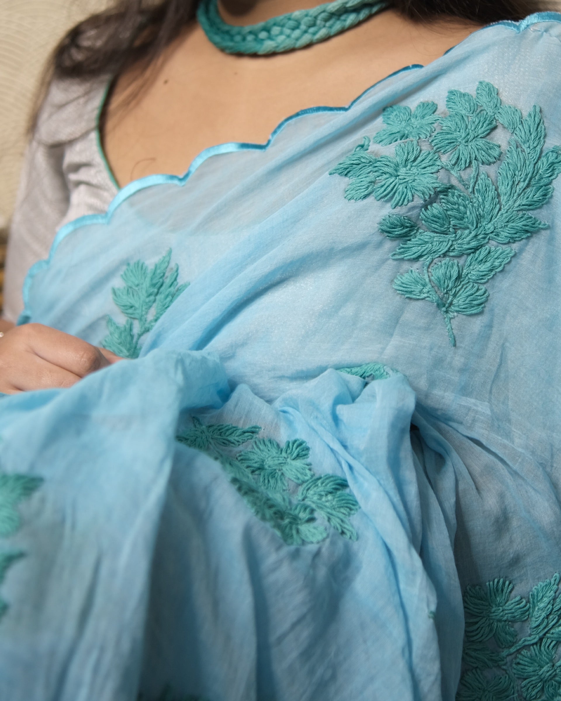 Soft and Comfortable mulmul cotton saree with Chikankari machine work and cutwork border in self tones of sky blue