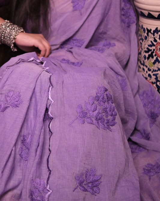 Soft and Comfortable mulmul cotton saree with Chikankari machine work and cutwork border in self tones of violet