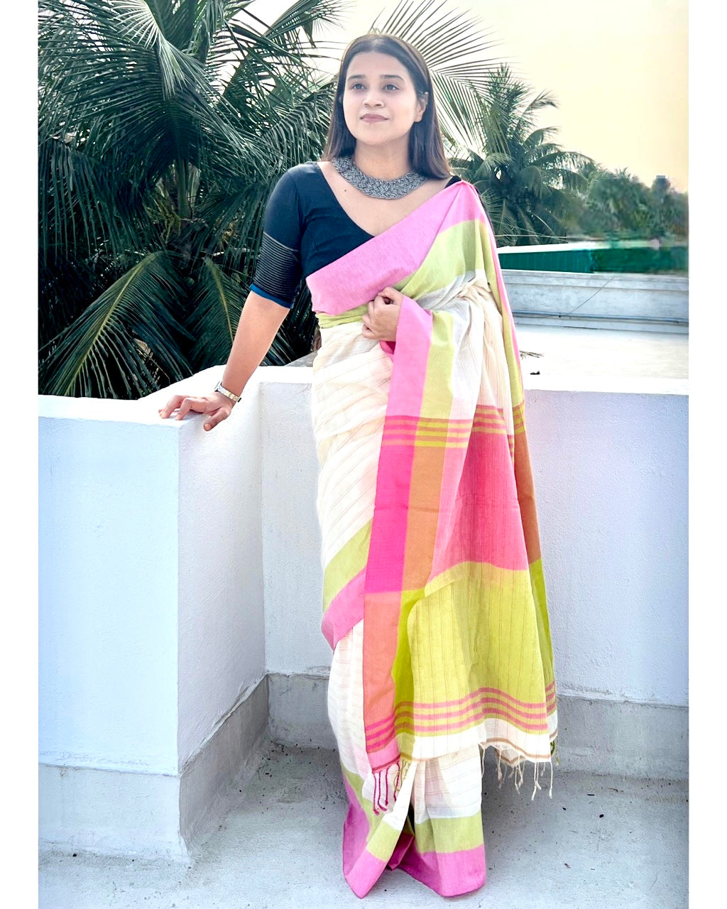 white Khadi cotton saree by ShopAaMe named Kadambini