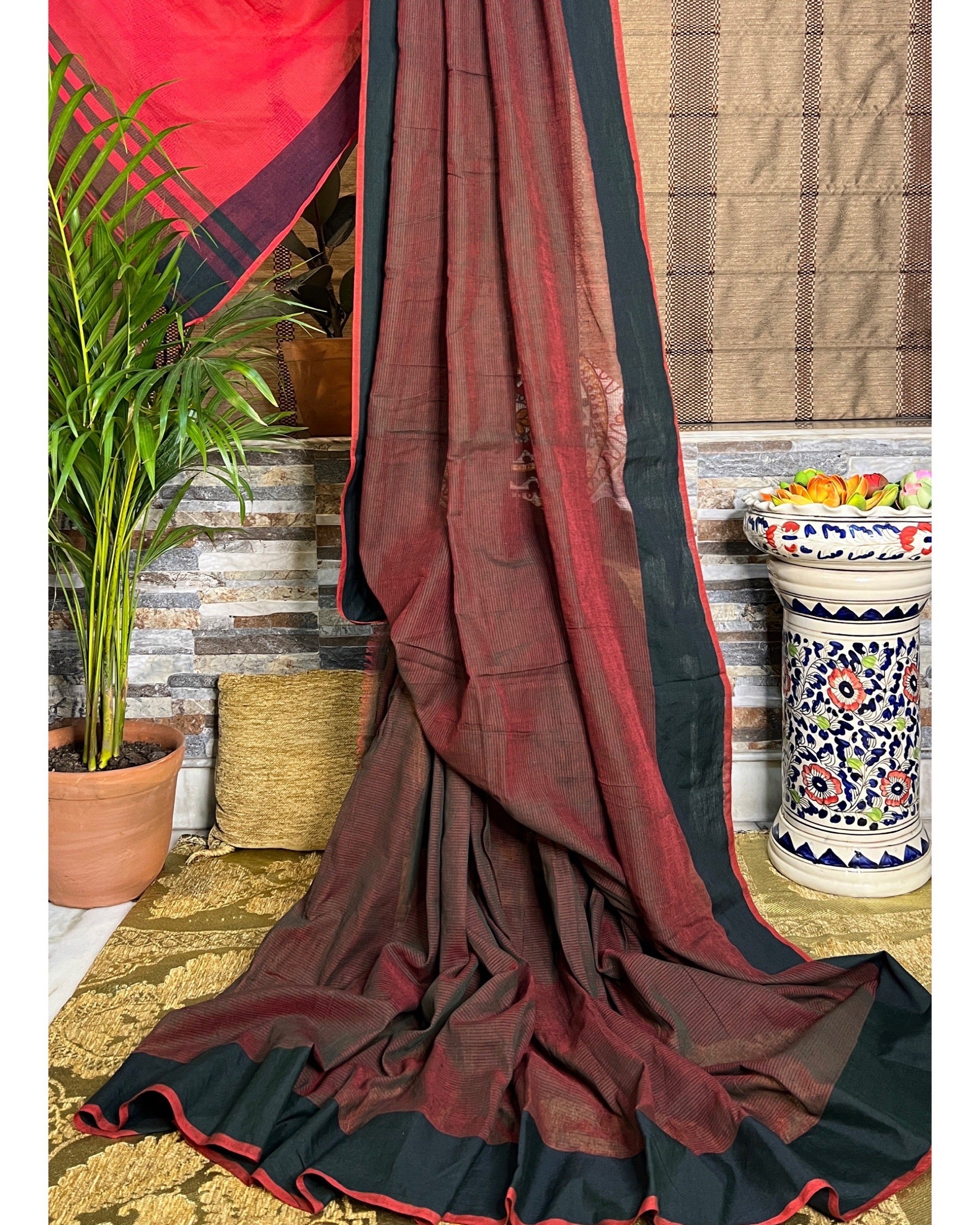 Rama Green and red soft comfortable khadi cotton saree