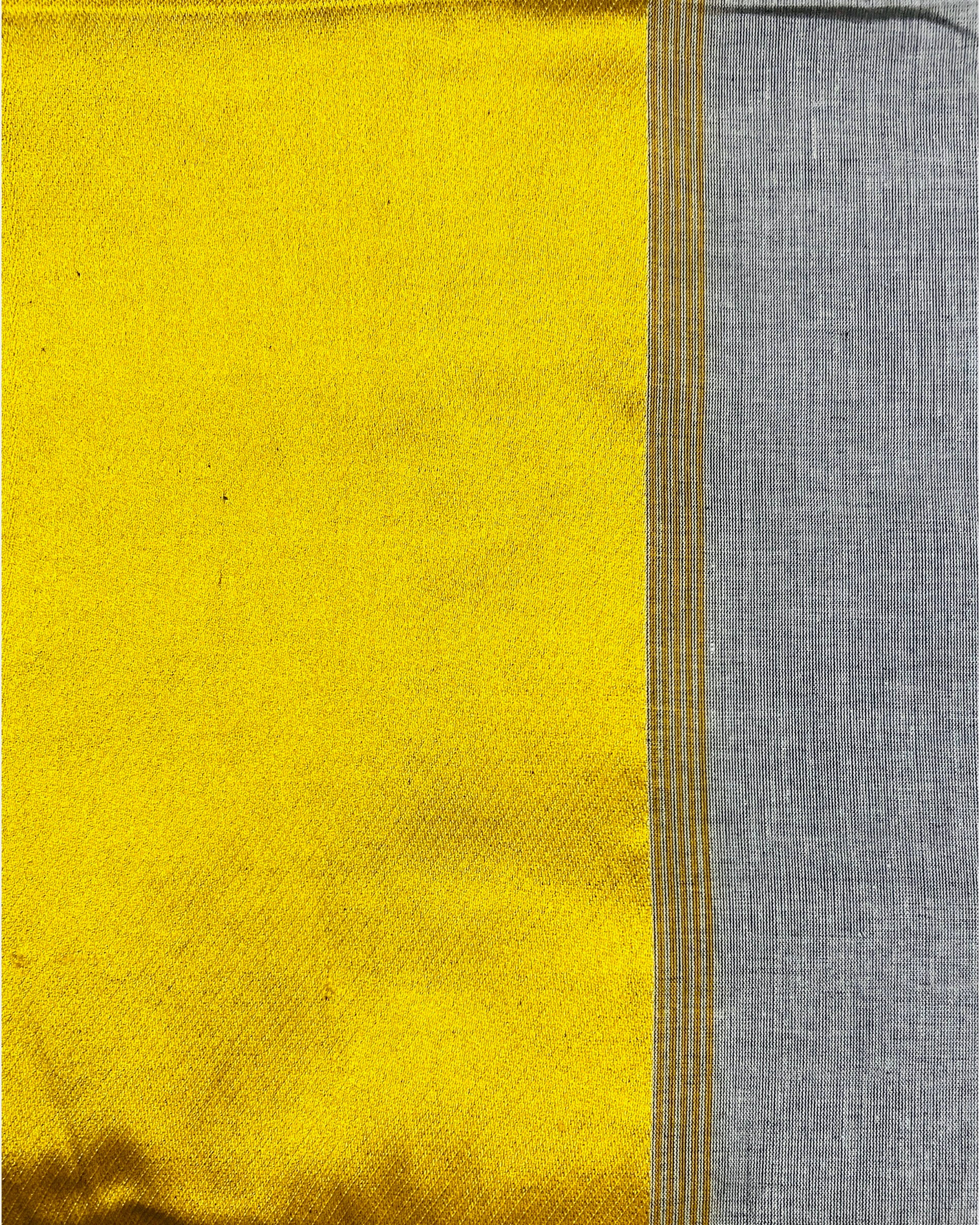 Grey handloom cotton saree with golden satin border