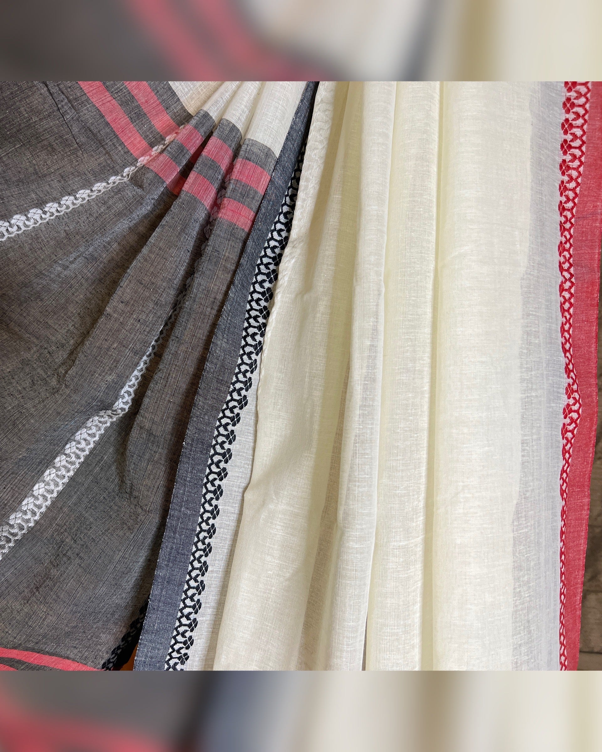 Soft and comfortable white khadi cotton saree with black and red Ganga Jamuna border