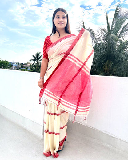 Soft and Comfortable Cream white Khadi cotton saree with Red border and patterns 